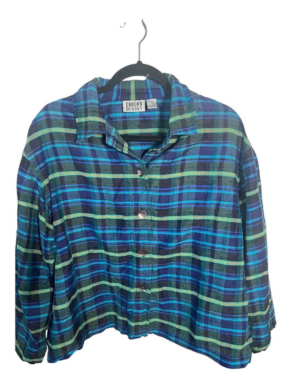 Chico's Design vintage silk Plaid Button-Down Shirt Jacket in Blue and Green